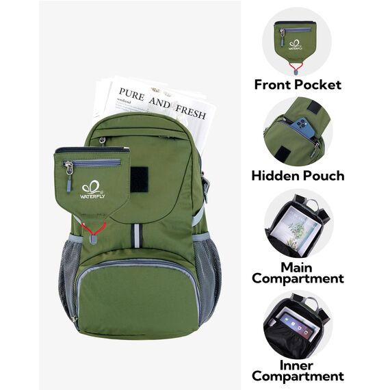 WATERFLY Ultraleicht Faltbar Klein Rucksack: 20L Leicht Packable Wanderrucksack Tagesrucksack Trekkingrucksack Outdoor Sportlich Backpack Travel Daypack für Herren Damen (Armeegrün)