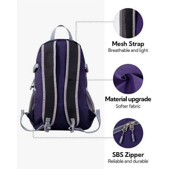 WATERFLY Ultraleicht Faltbar Klein Rucksack: 20L Leicht Packable Wanderrucksack Tagesrucksack Trekkingrucksack Outdoor Sportlich Backpack Travel Daypack für Herren Damen (Blau-Lila)