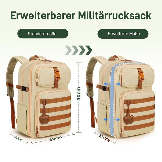 YOREPEK Taktischer Rucksack, 24L-30L Erweiterbar Wanderrucksack damen, Wasserabweisend und Laptopfach für 15,6 Zoll, Rucking Rucksack mit Abnehmbarer Hüfttasche für Wander, Outdoor, Mandelbraun