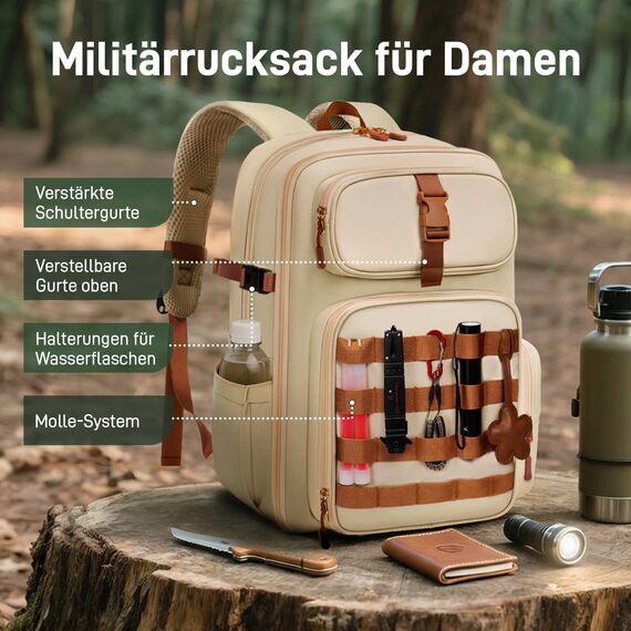 YOREPEK Taktischer Rucksack, 24L-30L Erweiterbar Wanderrucksack damen, Wasserabweisend und Laptopfach für 15,6 Zoll, Rucking Rucksack mit Abnehmbarer Hüfttasche für Wander, Outdoor, Mandelbraun