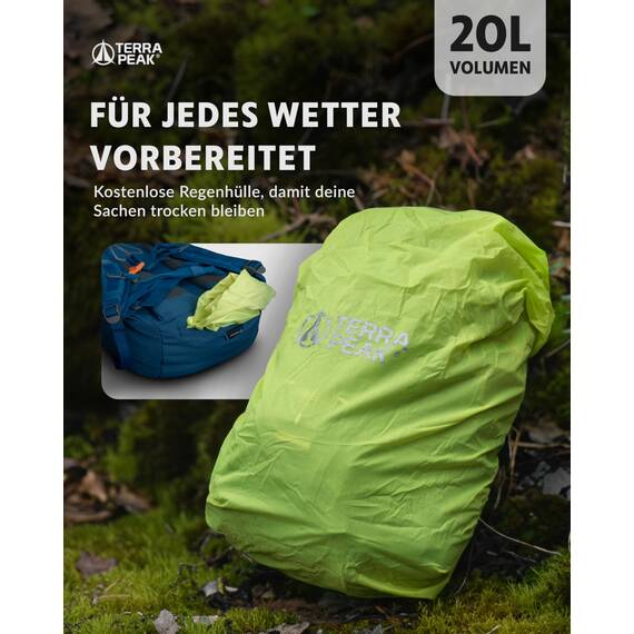 Terra Peak® Premium Wanderrucksack 20L (FLEX 20) Damen Herren & Erwachsene klein blau - Trekking-Rucksack & Tourenrucksack wasserdicht - Daypack Skirucksack mit Rückenbelüftung zum Wandern leicht