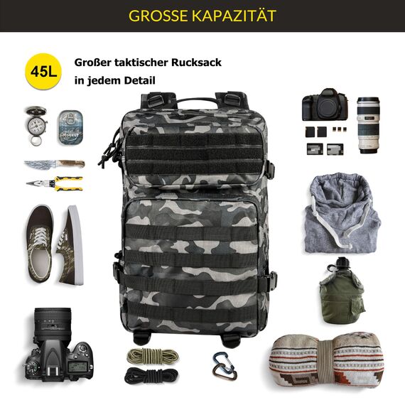 Zavothy 45L Militär Rucksack Herren Damen, Wanderrucksack, Outdoor Arbeit Bundeswehr, MOLLE Survival Taktischer Rucksack, Wasserdicht, für Trekking Camping Reisen Jagd