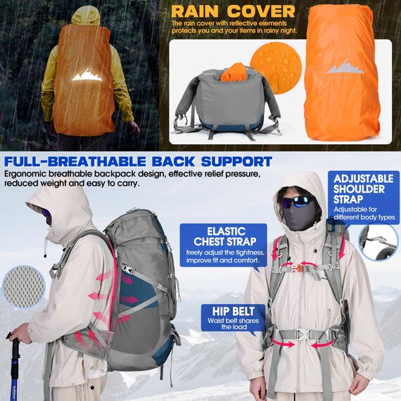 IGOLUMON Trekkingrucksack 60L Wanderrucksack Herren Damen Reiserucksack Großer Rucksack mit Regenhülle für Camping Trekking Mountainering Outdoor Reisen, Sport，Blau