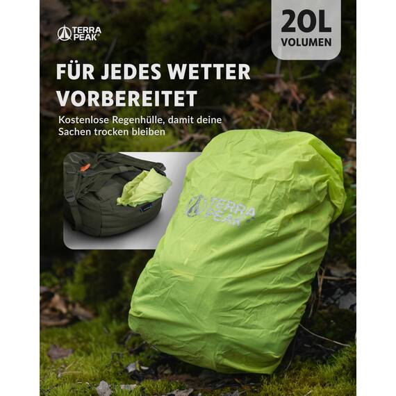 Terra Peak® Premium Wanderrucksack 20L (FLEX 20) Damen Herren Erwachsene klein olivegrün - Trekking-Rucksack wasserdicht - Daypack Rucksack & Reise-Tagesrucksack Hüftgurt & Rückenbelüftung zum Wandern