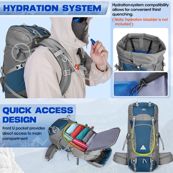 IGOLUMON Trekkingrucksack 60L Wanderrucksack Herren Damen Reiserucksack Großer Rucksack mit Regenhülle für Camping Trekking Mountainering Outdoor Reisen, Sport，Blau