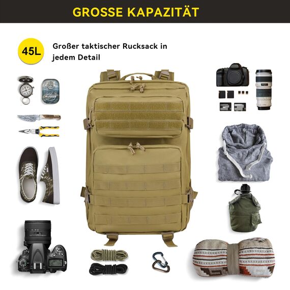 Zavothy Militär Rucksack 45L Rucksack Herren Damen, Wasserdicht Taktischer, Camping-Rucksack, Wanderrucksack, Outdoor Rucksack für Travel, Schule, Sport, Bushcraft (Gelb)