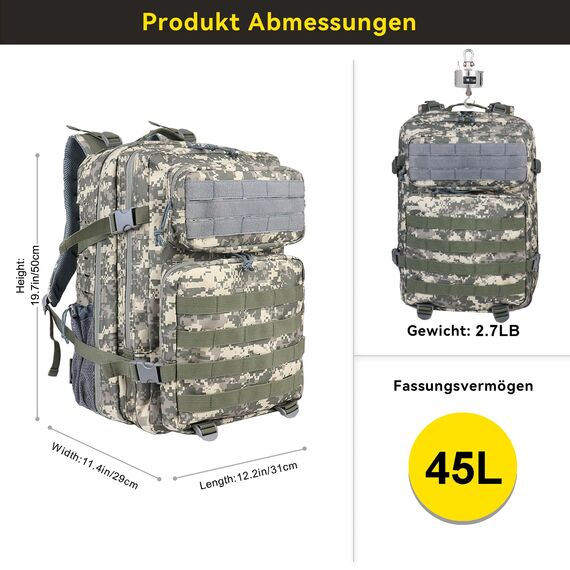 Zavothy Militär Rucksack 45L Rucksack Herren Damen, Wasserdicht Taktischer, Camping-Rucksack, Wanderrucksack, Outdoor Rucksack für Travel, Schule, Sport, Bushcraft (Tarnung)
