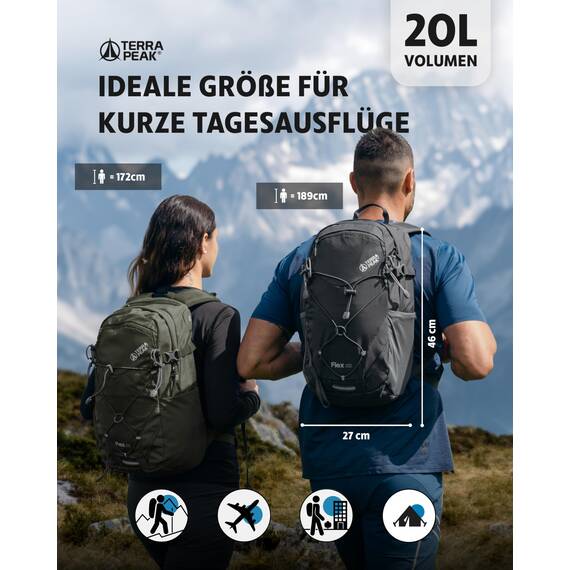 Terra Peak® Premium Wanderrucksack 20L (FLEX 20) Damen Herren Erwachsene klein olivegrün - Trekking-Rucksack wasserdicht - Daypack Rucksack & Reise-Tagesrucksack Hüftgurt & Rückenbelüftung zum Wandern