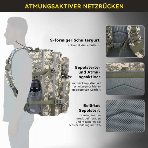 Zavothy Militär Rucksack 45L Rucksack Herren Damen, Wasserdicht Taktischer, Camping-Rucksack, Wanderrucksack, Outdoor Rucksack für Travel, Schule, Sport, Bushcraft (Tarnung)