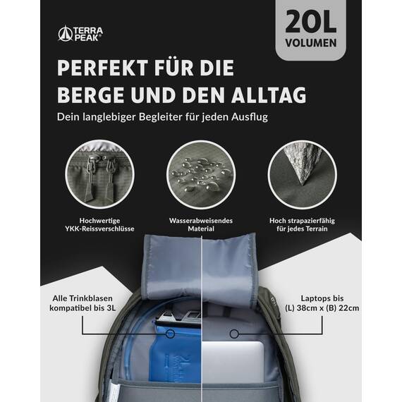 Terra Peak® Premium Wanderrucksack 20L (FLEX 20) Damen Herren Erwachsene klein olivegrün - Trekking-Rucksack wasserdicht - Daypack Rucksack & Reise-Tagesrucksack Hüftgurt & Rückenbelüftung zum Wandern