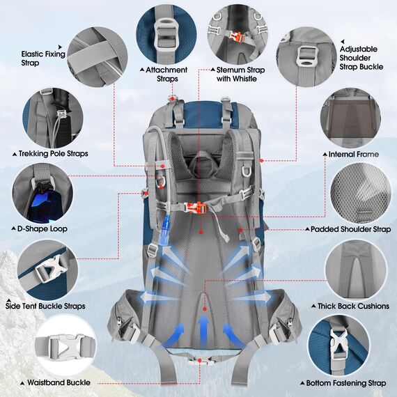 IGOLUMON Trekkingrucksack 60L Wanderrucksack Herren Damen Reiserucksack Großer Rucksack mit Regenhülle für Camping Trekking Mountainering Outdoor Reisen, Sport，Blau