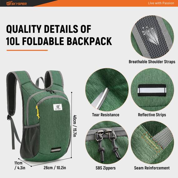 SKYSPER Faltbarer Rucksack 10L Klein Ultraleicht Tagesrucksäcke Wanderrucksack Reisenrucksack Trekkingrucksack Daypack für Wandern Reisen