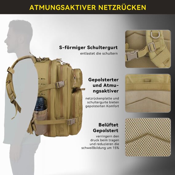 Zavothy Militär Rucksack 45L Rucksack Herren Damen, Wasserdicht Taktischer, Camping-Rucksack, Wanderrucksack, Outdoor Rucksack für Travel, Schule, Sport, Bushcraft (Gelb)