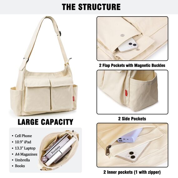 Captain Blues Canvas Messenger Bag Umhängetasche Crossbody Schulter Tote Hobo Bag für Frauen und Männer - Große Tasche mit mehreren Fächern (Beige)