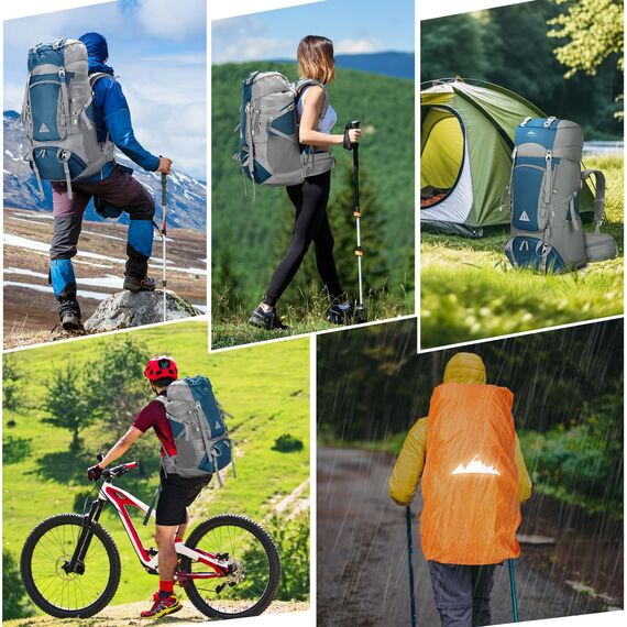 IGOLUMON Trekkingrucksack 60L Wanderrucksack Herren Damen Reiserucksack Großer Rucksack mit Regenhülle für Camping Trekking Mountainering Outdoor Reisen, Sport，Blau