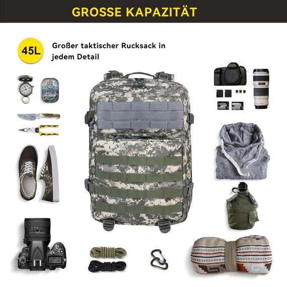Zavothy Militär Rucksack 45L Rucksack Herren Damen, Wasserdicht Taktischer, Camping-Rucksack, Wanderrucksack, Outdoor Rucksack für Travel, Schule, Sport, Bushcraft (Tarnung)
