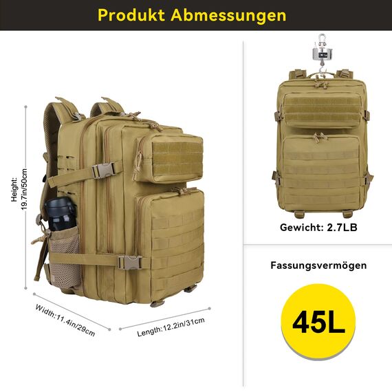 Zavothy Militär Rucksack 45L Rucksack Herren Damen, Wasserdicht Taktischer, Camping-Rucksack, Wanderrucksack, Outdoor Rucksack für Travel, Schule, Sport, Bushcraft (Gelb)