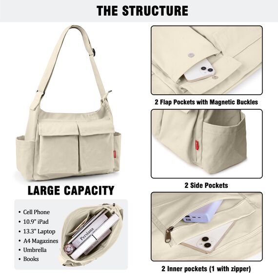 Captain Blues Canvas Messenger Bag Umhängetasche Crossbody Schulter Tote Hobo Bag für Frauen und Männer - Große Tasche mit mehreren Fächern (Khaki)