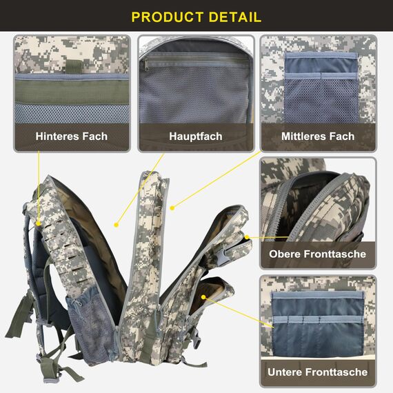 Zavothy Militär Rucksack 45L Rucksack Herren Damen, Wasserdicht Taktischer, Camping-Rucksack, Wanderrucksack, Outdoor Rucksack für Travel, Schule, Sport, Bushcraft (Tarnung)