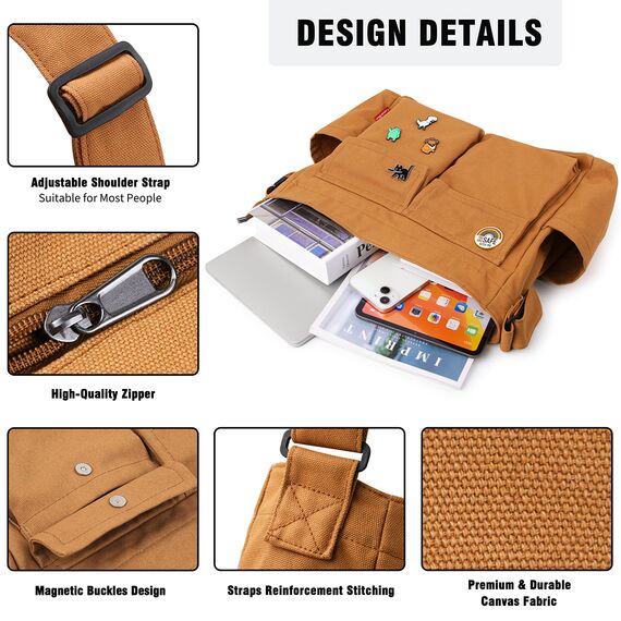 Captain Blues Canvas Messenger Bag Umhängetasche Crossbody Schulter Tote Hobo Bag für Frauen und Männer - Große Tasche mit mehreren Fächern (Braun)