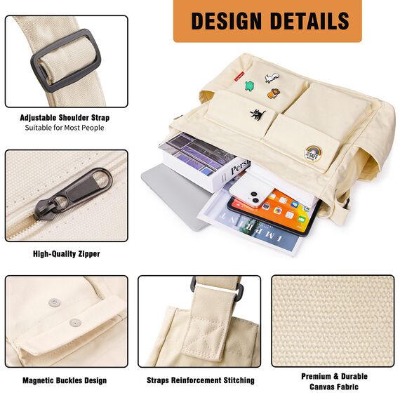 Captain Blues Canvas Messenger Bag Umhängetasche Crossbody Schulter Tote Hobo Bag für Frauen und Männer - Große Tasche mit mehreren Fächern (Beige)
