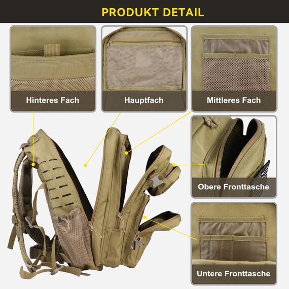 Zavothy Militär Rucksack 45L Rucksack Herren Damen, Wasserdicht Taktischer, Camping-Rucksack, Wanderrucksack, Outdoor Rucksack für Travel, Schule, Sport, Bushcraft (Gelb)