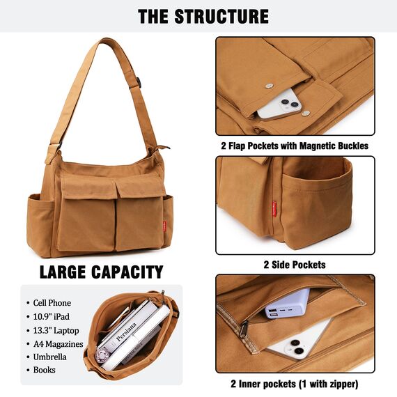 Captain Blues Canvas Messenger Bag Umhängetasche Crossbody Schulter Tote Hobo Bag für Frauen und Männer - Große Tasche mit mehreren Fächern (Braun)
