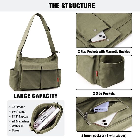Captain Blues Canvas Messenger Bag Umhängetasche Crossbody Schulter Tote Hobo Bag für Frauen und Männer - Große Tasche mit mehreren Fächern (Grün)