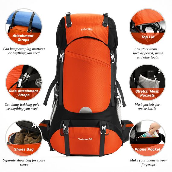 HOMIEE 50-Liter-Wanderrucksack, wasserdichter Reiserucksack für Camping mit Regenschutz, leichter Rucksack für Backpacking