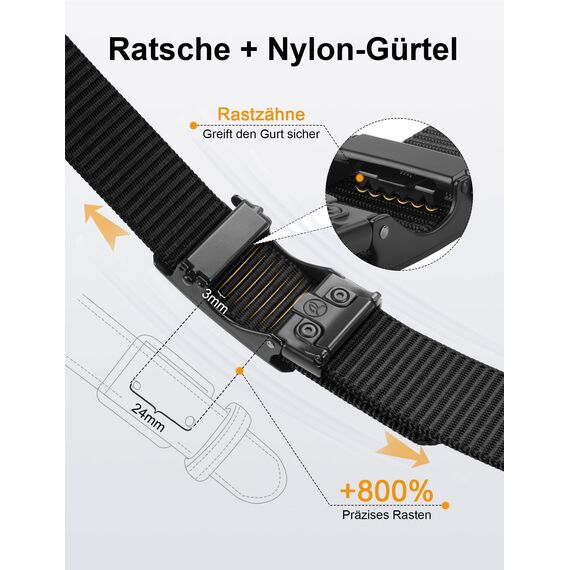 JUKMO Automatik Gürtel Herren, Nylon 3,8cm Ratsche Gürtel (Schwarz, M-für Taille 91cm-105cm (Länge 125cm))