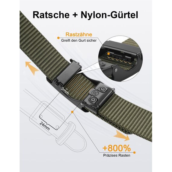 JUKMO Automatik Gürtel Herren, Nylon 3,8cm Ratsche Gürtel (Grün, L-für Taille 106cm-115cm (Länge 135cm))