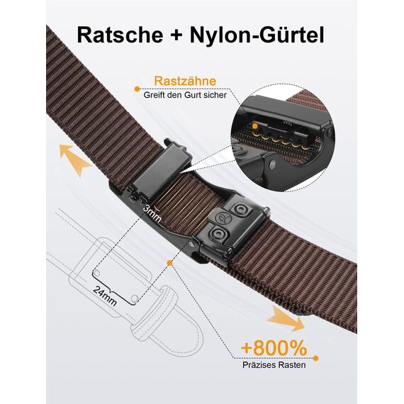 JUKMO Automatik Gürtel Herren, Nylon 3,8cm Ratsche Gürtel (Kaffee, S-für Taille 75cm-90cm (Länge 115cm))