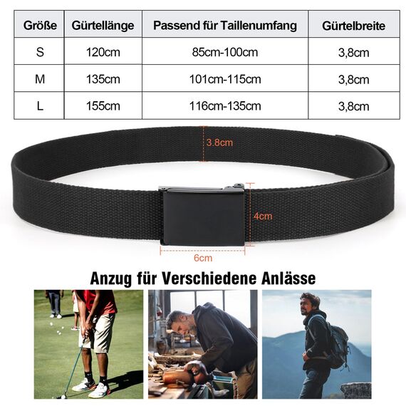 JasGood Unisesx Webgürtel Herren Damen Leinwand Arbeitsgürtel Frei Verstellbarer Flip-Top Webgürtel Schwarze Militärschnalle für Geschäft Sport Lässig,Schwarz,120cm