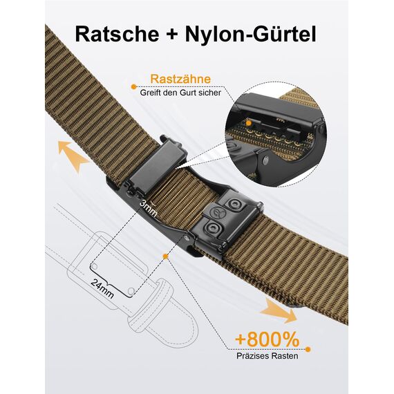 JUKMO Automatik Gürtel Herren, Nylon 3,8cm Ratsche Gürtel (Kojote, L-für Taille 106cm-115cm (Länge 135cm))