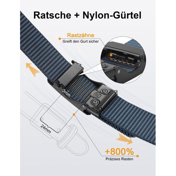 JUKMO Automatik Gürtel Herren, Nylon 3,8cm Ratsche Gürtel (Blau, L-für Taille 106cm-115cm (Länge 135cm))