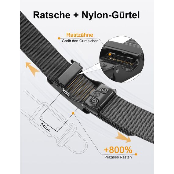 JUKMO Automatik Gürtel Herren, Nylon 3,8cm Ratsche Gürtel (Grau, XXXL-für Taille 136cm-145cm (Länge 165cm))