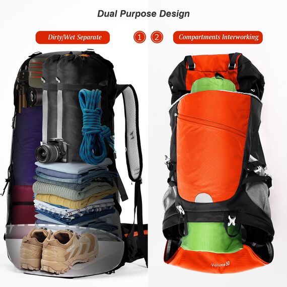 HOMIEE 50-Liter-Wanderrucksack, wasserdichter Reiserucksack für Camping mit Regenschutz, leichter Rucksack für Backpacking