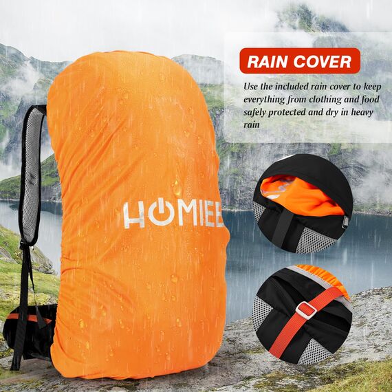 HOMIEE 50-Liter-Wanderrucksack, wasserdichter Reiserucksack für Camping mit Regenschutz, leichter Rucksack für Backpacking