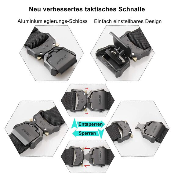 JUKMO Taktischer Gürtel, Militär Wandern 3,8cm Arbeit Gürtel mit Schwere Schnellverschluss Schnalle (Schwarz, 125cm)