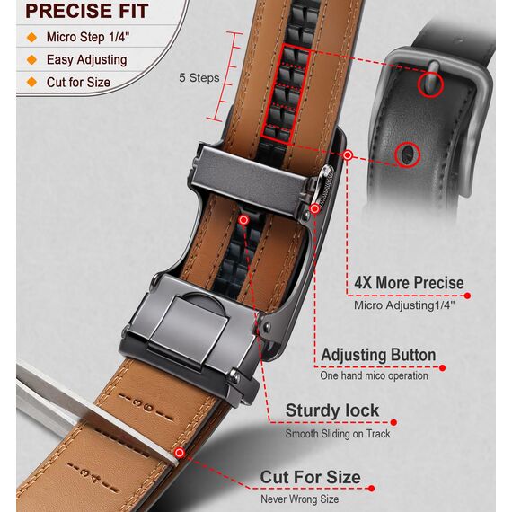 BULLIANT Gürtel Herren, Gürtel Ratsche Ledergürtel Automatikschließe für Herren Anzug Business Kleidung,Breit 35mm,Größe Angepasst(Roter Ziegelstein-115cm/32-38" taille verstellbar)