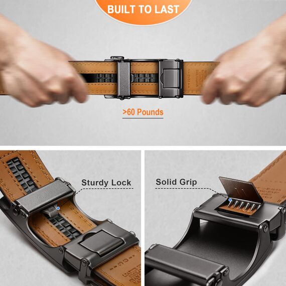 BULLIANT Gürtel Herren, Gürtel Ratsche Ledergürtel Automatikschließe für Herren Anzug Business Kleidung,Breit 35mm,Größe Angepasst(Tawny-105cm/28-34" taille verstellbar)