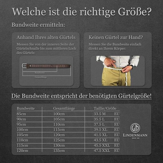 LINDENMANN Leder-Gürtel Herren 40 mm breit, Gürtel Herren Vollledergürtel aus Büffelleder braun, Größe/Size:105