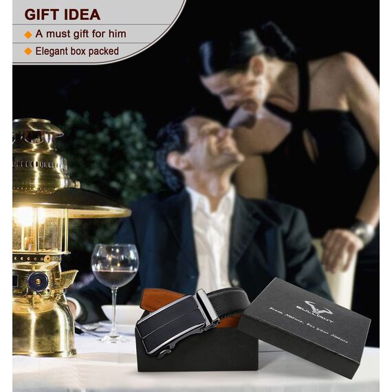 BULLIANT Gürtel Herren, Gürtel Ratsche Ledergürtel Automatikschließe für Herren Anzug Business Kleidung,Breit 35mm,Größe Angepasst(Schwarz-115cm/32-38" taille verstellbar)