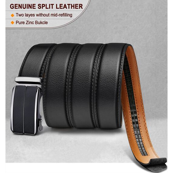 BULLIANT Gürtel Herren, Gürtel Ratsche Ledergürtel Automatikschließe für Herren Anzug Business Kleidung,Breit 35mm,Größe Angepasst(Schwarz-115cm/32-38" taille verstellbar)