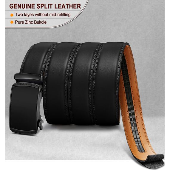 BULLIANT Gürtel Herren, Gürtel Ratsche Ledergürtel Automatikschließe für Herren Anzug Business Kleidung,Breit 35mm,Größe Angepasst(Schwarz-115cm/32-38" taille verstellbar)