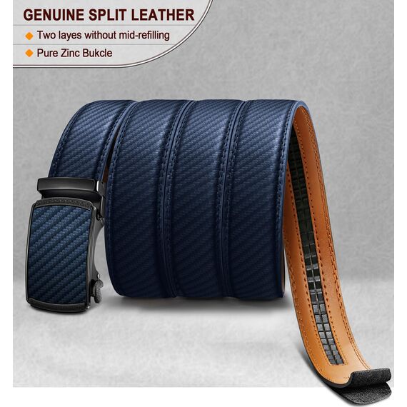 BULLIANT Gürtel Herren, Gürtel Ratsche Ledergürtel Automatikschließe für Herren Anzug Business Kleidung,Breit 35mm,Größe Angepasst(Navy Blau-120cm/34-40" taille verstellbar)