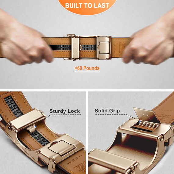 BULLIANT Gürtel Herren, Gürtel Ratsche Ledergürtel Automatikschließe für Herren Anzug Business Kleidung,Breit 35mm,Größe Angepasst(Hellbraun-120cm/34-40" taille verstellbar)