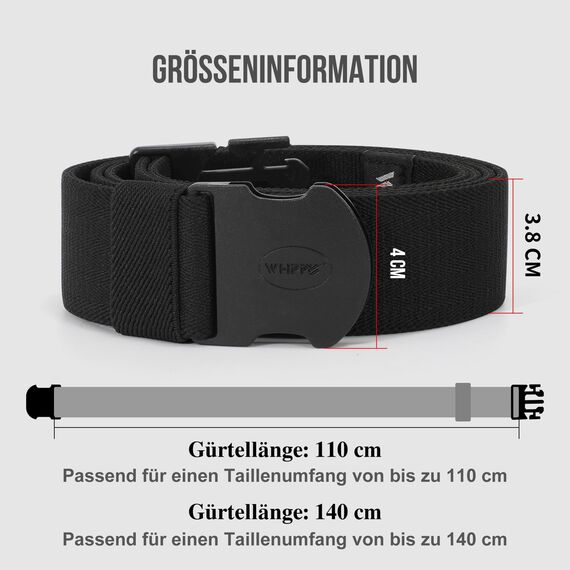 WHIPPY Elastischer Gürtel Herren Verstellbarer Outdoor Stretchgürtel Unisex Arbeitsgürtel für Damen Herren Stoffgürtel mit Kunststoffschnalle,110cm Schwarz