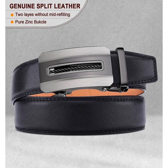 BULLIANT Gürtel Herren, Gürtel Ratsche Ledergürtel Automatikschließe für Herren Anzug Business Kleidung,Breit 35mm,Größe Angepasst(Schwarz-110cm/30-36" taille verstellbar)