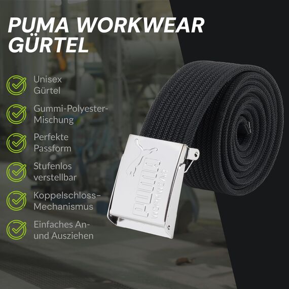 PUMA Workwear Gürtel Herren Schwarz – Stufenlos Verstellbar - Ohne Löcher - Mit Koppelschließe - Robust & Strapazierfähig - Länge: 135cm, beliebig kürzbar - Herren Gürtel für Arbeit & Freizeit
